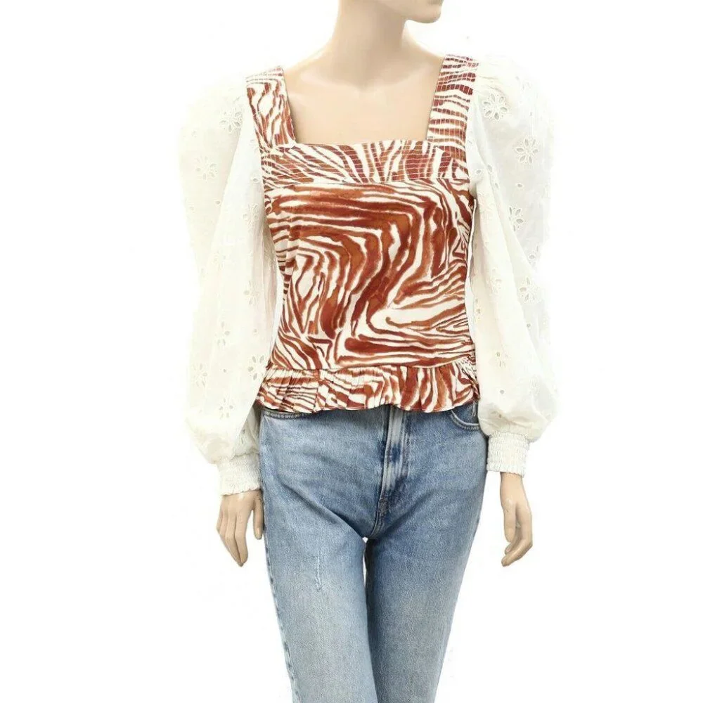 Anthropologie Love The Label Smocked Eyelet Puff Sleeve Blouse Top S New
